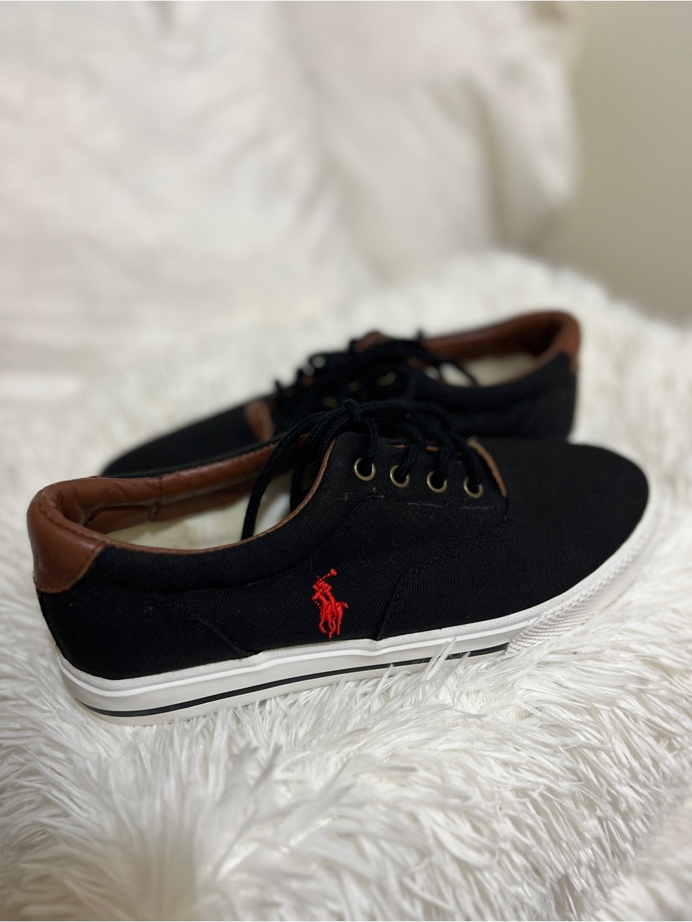 Polo by Ralph Lauren Black Canvas Sneakers Brown Collar Red Logo Very Clean! - Picture 8 of 8